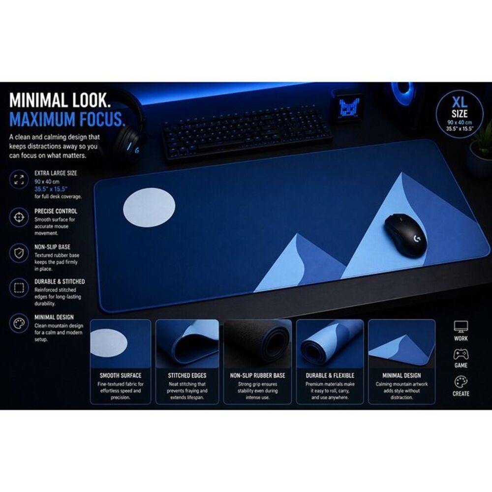 XL Minimalist Mountain Moon Gaming Mouse Pad Desk Mat 35.5"x15.7" Stitched